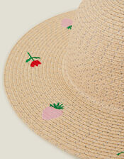 Girls Strawberry Embroidered Straw Hat, Natural (NATURAL), large
