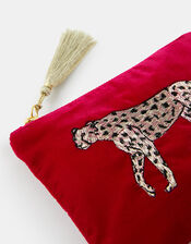 Embroidered Leopard Velvet Pouch Bag, , large