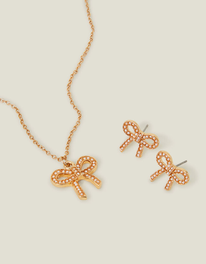 Girls Bow Stud Earrings and Necklace Set, , large