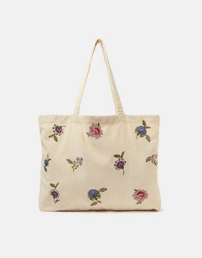 Floral Embroidered Corduroy Shopper Bag, Cream (CREAM), large
