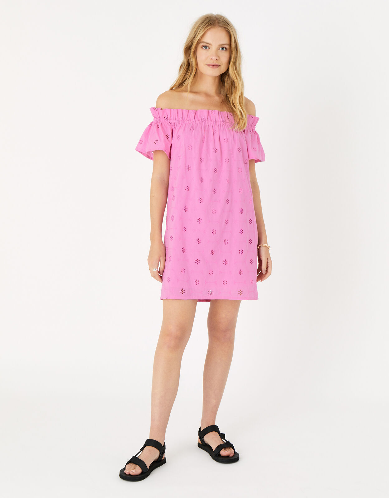 Schiffli Bardot Dress in Organic Cotton Pink