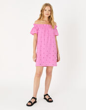 Schiffli Bardot Dress in Organic Cotton, Pink (PINK), large