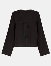 Tie Front Crinkle Top, Black (BLACK), large