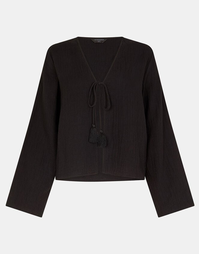 Tie Front Crinkle Top, Black (BLACK), large