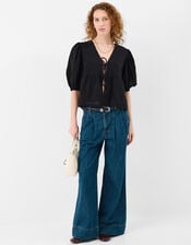 Puff Sleeve Tie Front Blouse, Black (BLACK), large