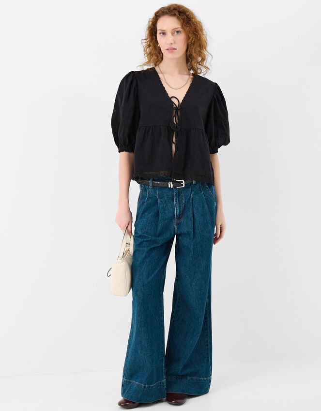 Puff Sleeve Tie Front Blouse, Black (BLACK), large