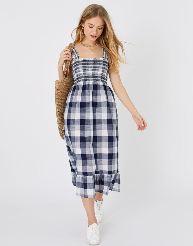Gingham Midi Dress, Blue (NAVY), large