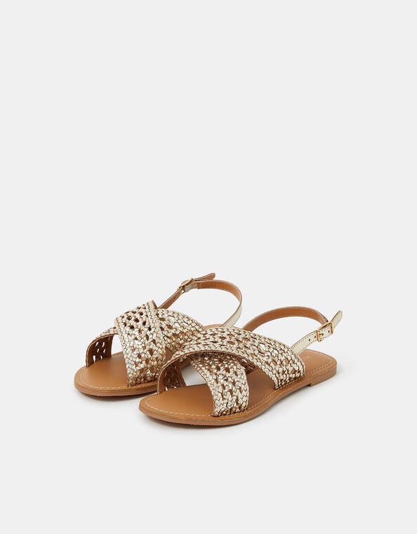Woven Metallic Cross-Strap Sandals, Gold (GOLD), large