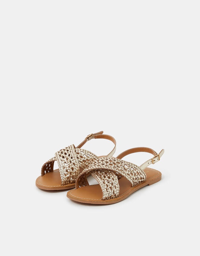 Woven Metallic Cross-Strap Sandals, Gold (GOLD), large