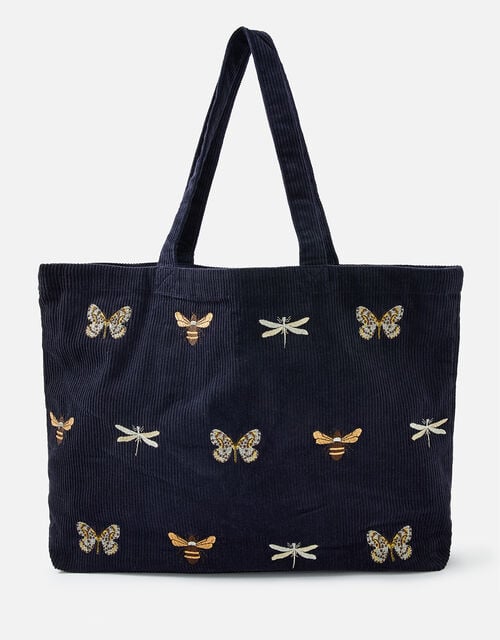 Insect Embroidered Cord Shopper Bag, Blue (NAVY), large