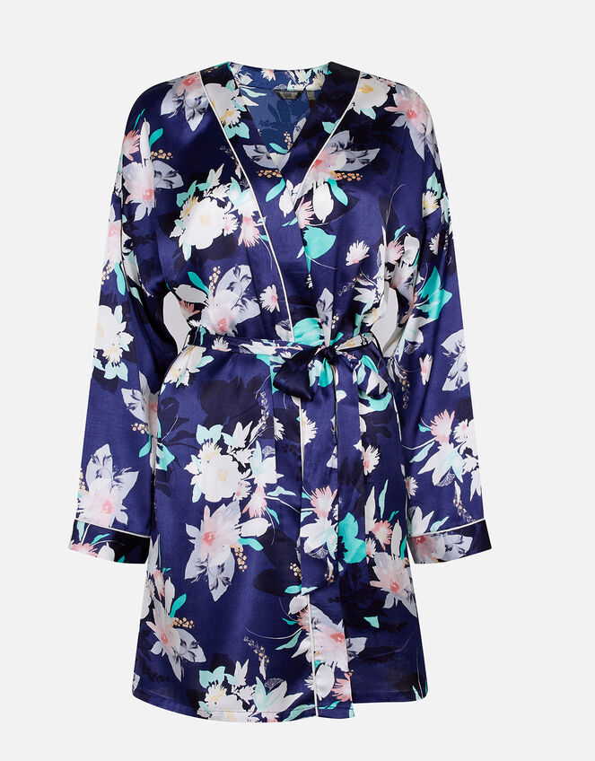 Leila Floral Satin Robe, Blue (NAVY), large