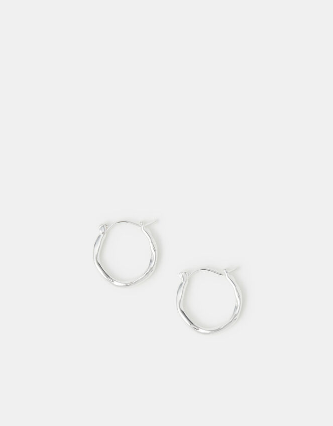 Sterling Silver-Plated Small Molten Hoop Earrings, , large