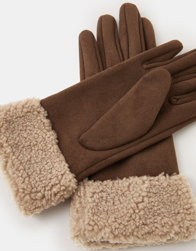Faux Shearling Cuff Gloves, Brown (CHOCOLATE), large