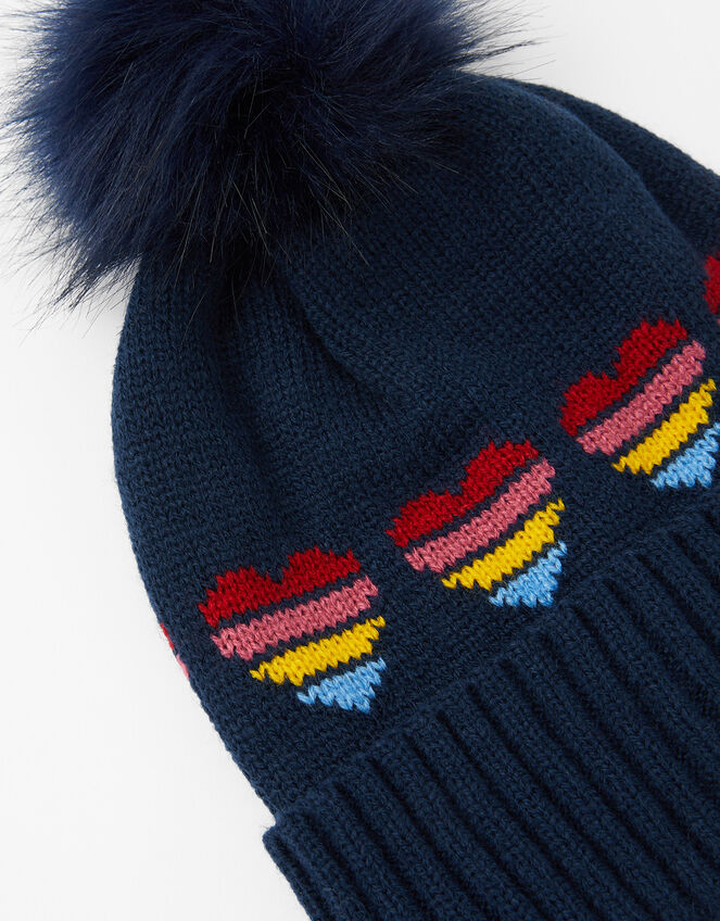 Rainbow Heart Knit Pom-Pom Beanie, , large