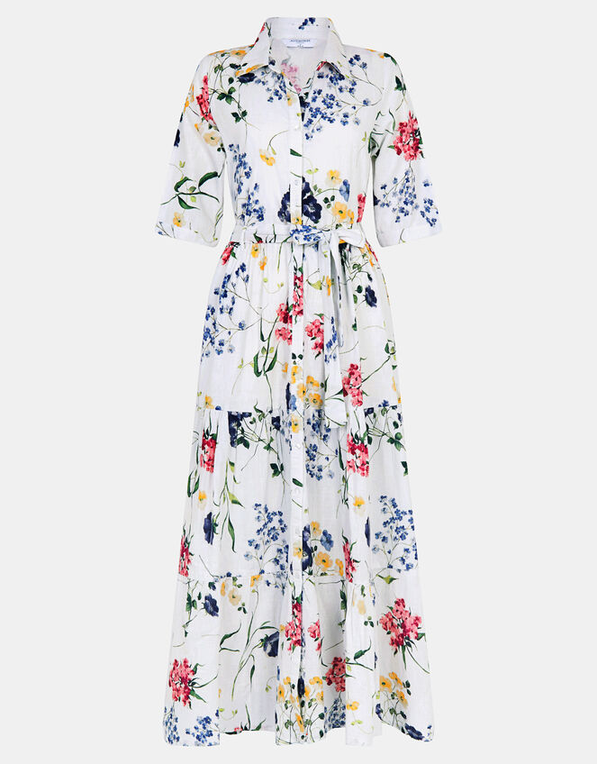 Floral Print Belted Maxi Dress, Ivory (IVORY), large