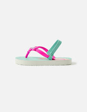 Girls Flamingo Flip Flops, Blue (AQUA), large