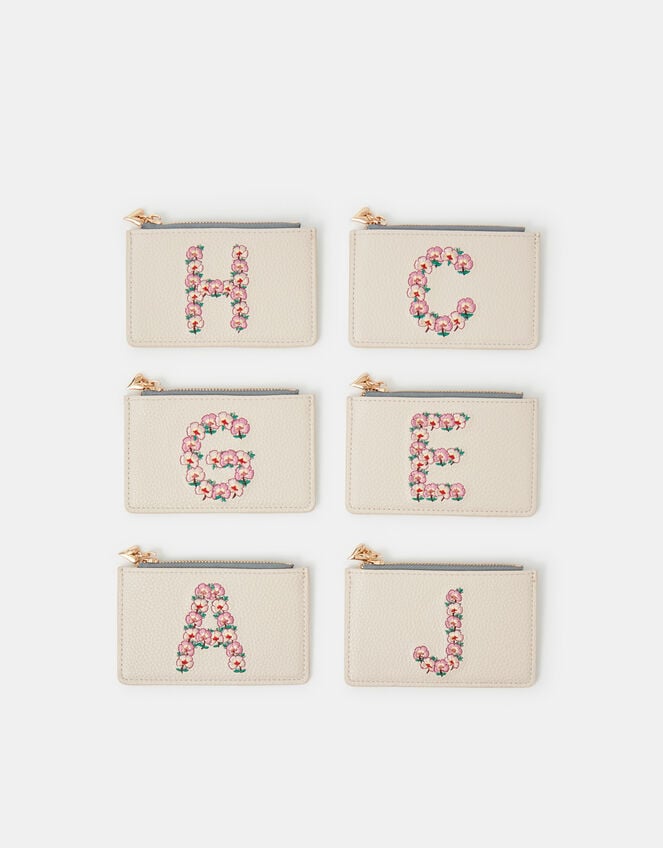 Floral Embroidered Initial Card Holder, Cream (CREAM), large