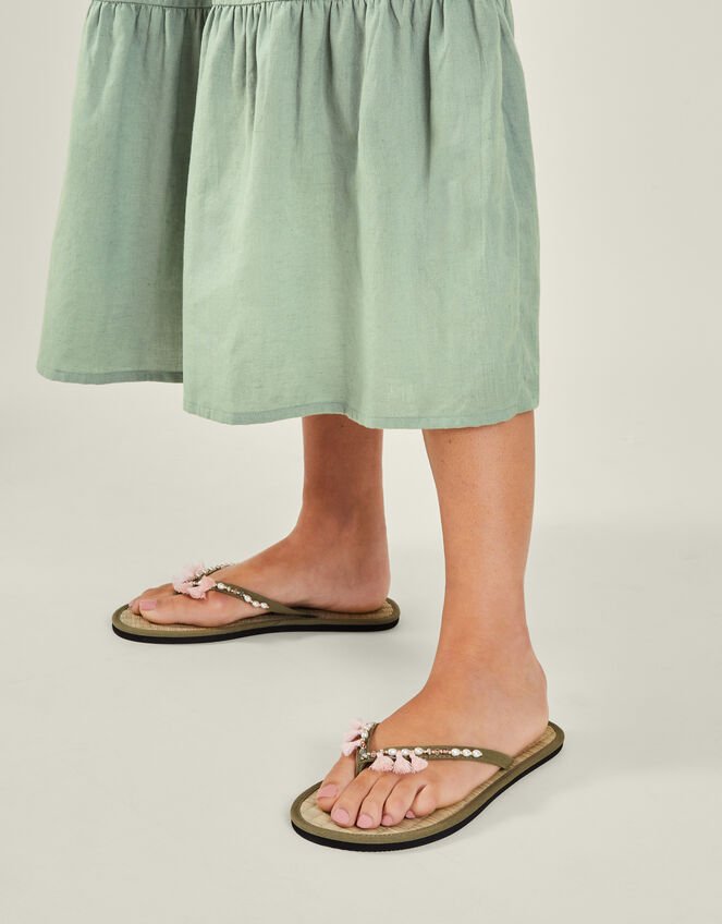 Tassel Seagrass Footbed Flip Flops, Green (KHAKI), large