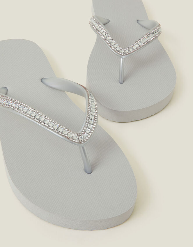 Crystal Embellished Flip Flops, Silver (SILVER), large