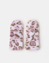 Girls Fluffy Leopard Print Mittens, Leopard (LEOPARD), large