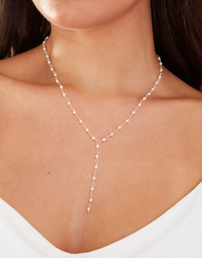 Sterling Silver-Plated Pearl Y-Chain Necklace, , large