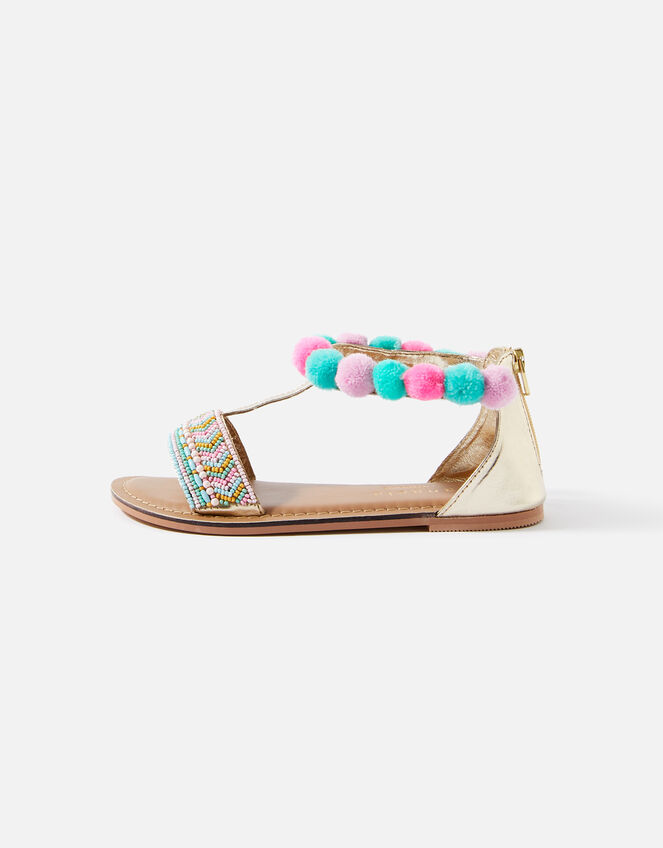 Girls Pom Embellished Sandals, Multi (BRIGHTS-MULTI), large