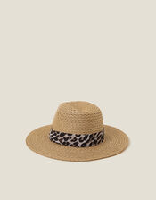 Leopard Trim Straw Fedora Hat Natural, , large