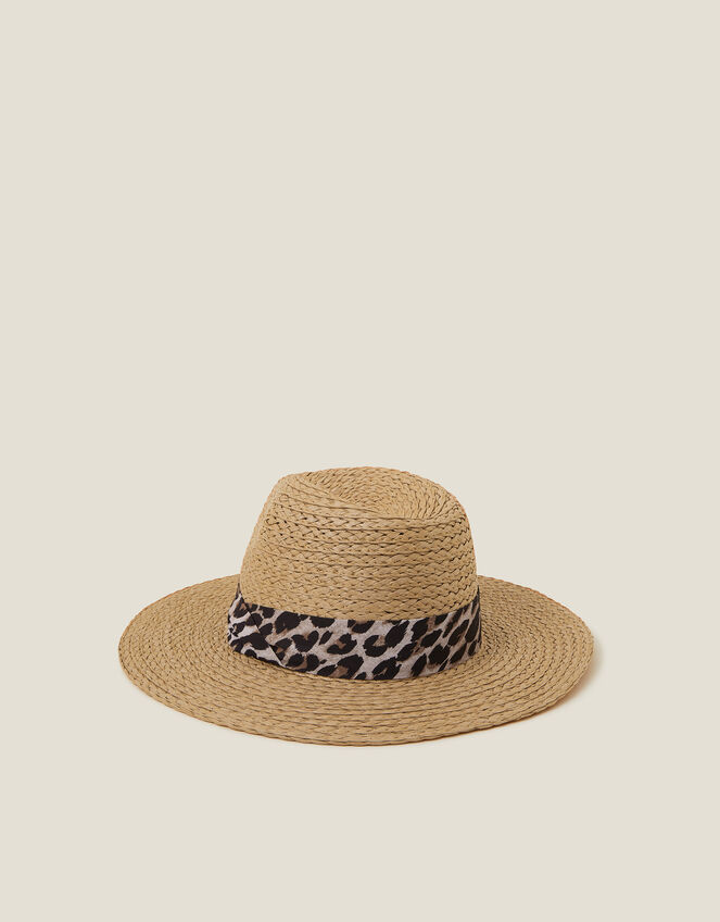 Leopard Trim Straw Fedora Hat Natural, , large