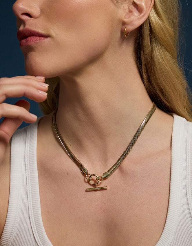 14ct Gold-Plated Snake Chain T-Bar Necklace, , large