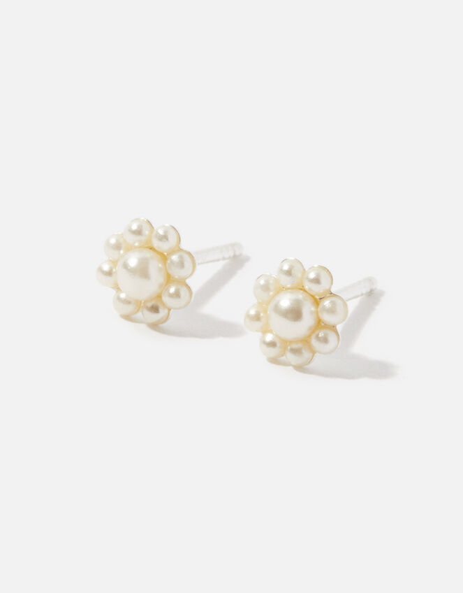 Sterling Silver Pearl Flower Studs, , large