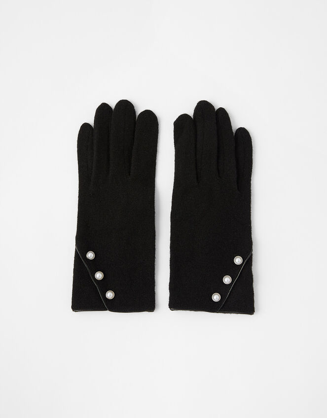 Pearl Button Gloves in Wool Blend, Black (BLACK WHITE), large