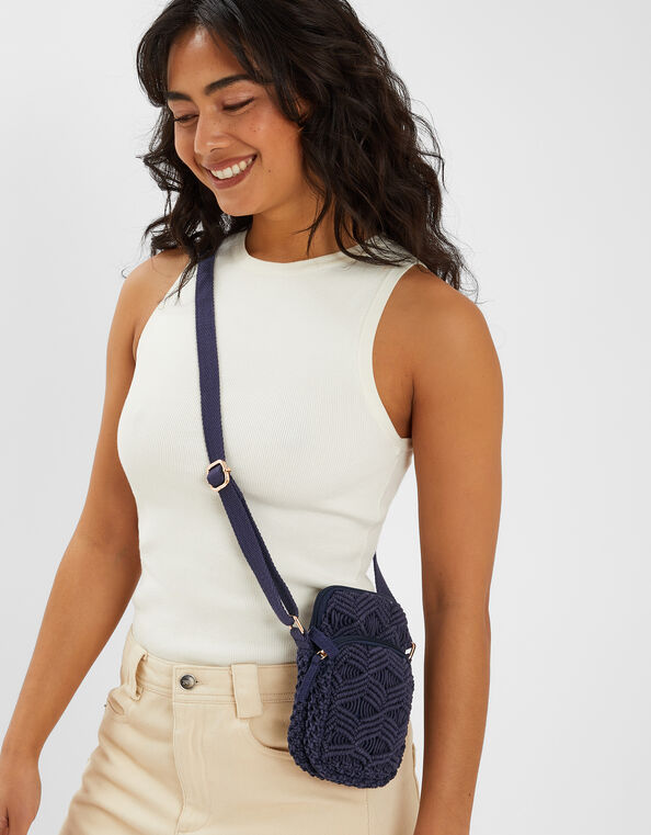 Macrame Phone Bag, Blue (NAVY), large