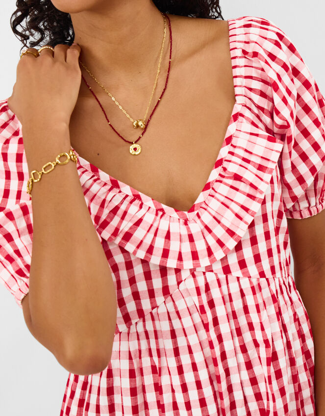Gingham Print Puff Sleeve Maxi Dress, Red (RED), large