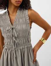 Tie Front Smocked Midi Dress, Green (KHAKI), large