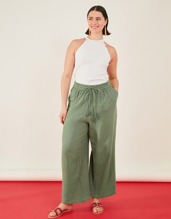 Crinkle Tie Waist Beach Trousers, Green (KHAKI), large