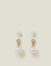 Tiny Pearl Stud and Short Drop Earrings Set of Two, Cream (PEARL), large
