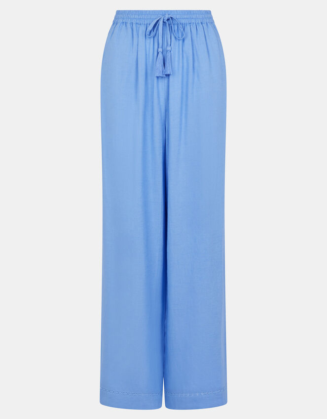 Lace Trim Wide Leg Beach Trousers, Blue (LIGHT BLUE), large