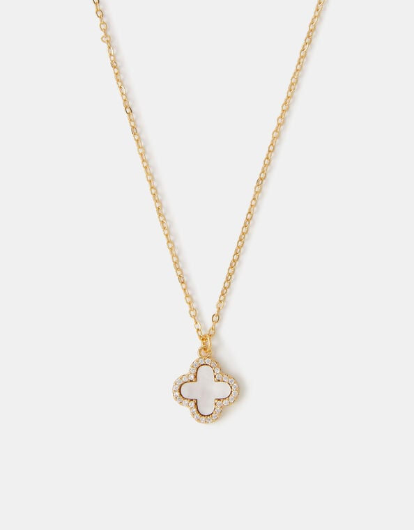 14ct Gold-Plated Mother of Pearl Clover Pendant Necklace, , large