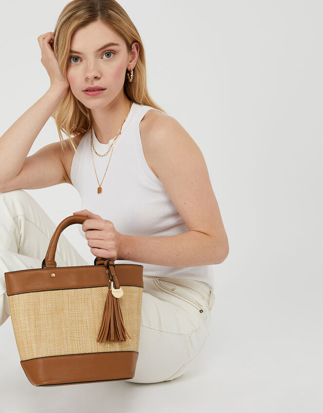 Raffia Stripe Shopper Bag, Tan (TAN), large