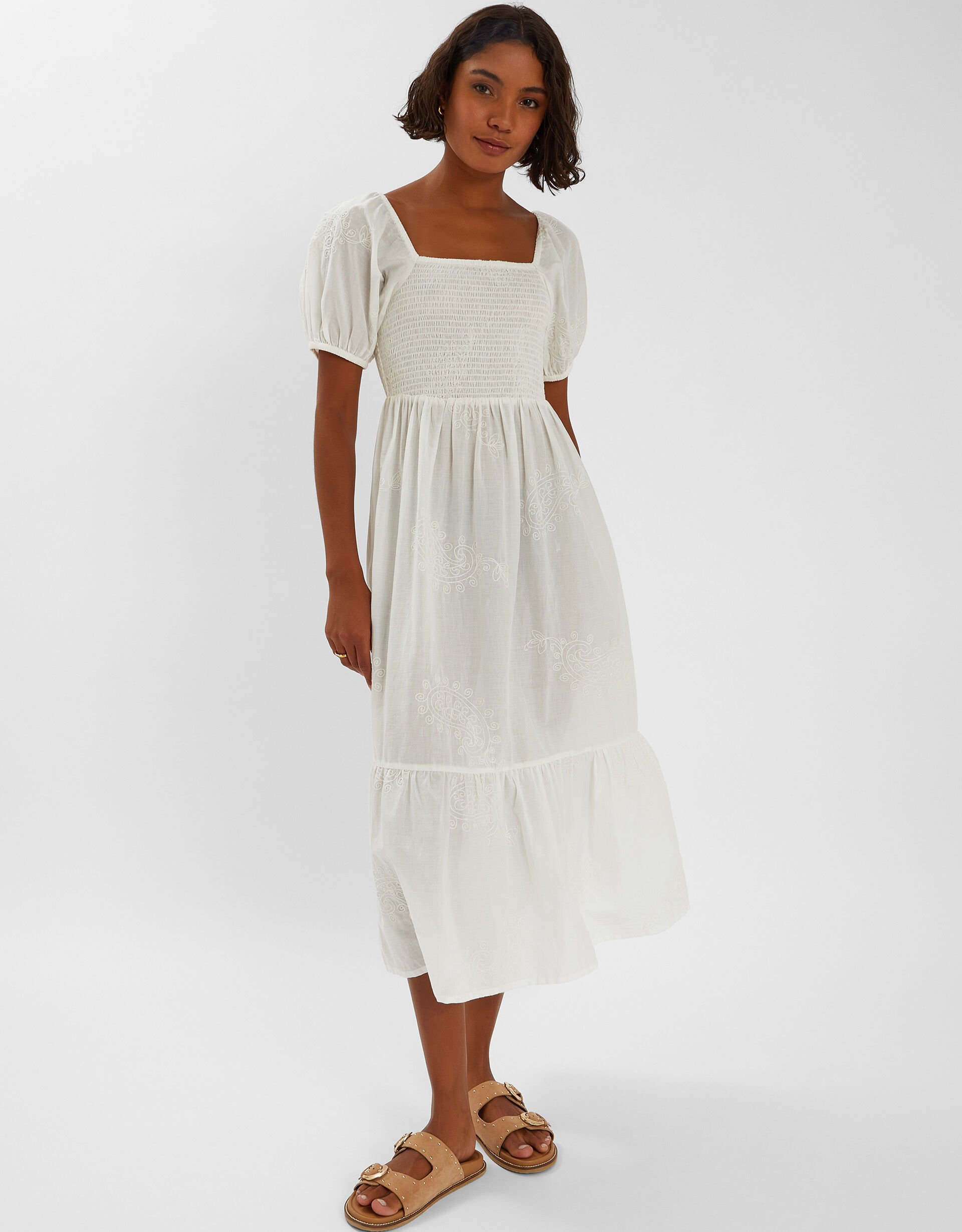 accessorize Embroidered Puff Sleeve Midi Dress White