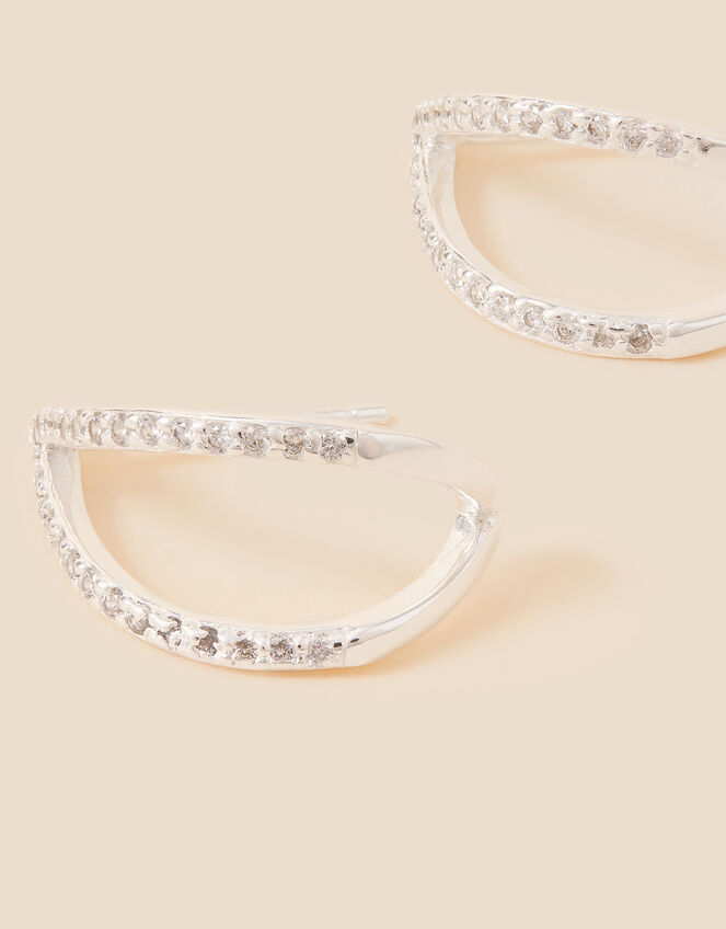 Sterling Silver Sparkle Double V-Shape Hoops, , large
