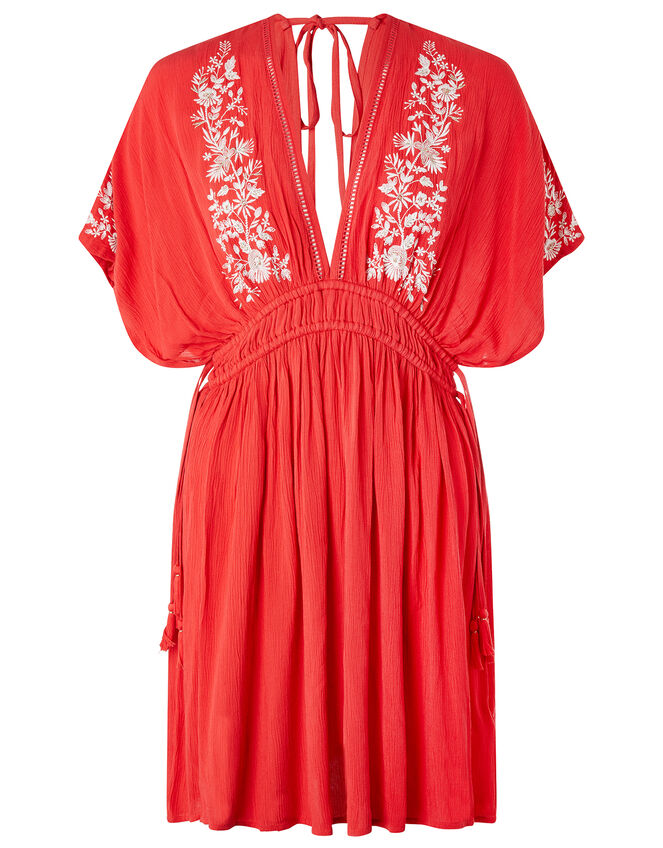 Lace Trim Embroidered Crinkle Kaftan, Red (RED), large