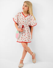 Girls Cherry Print Kaftan, White (WHITE), large