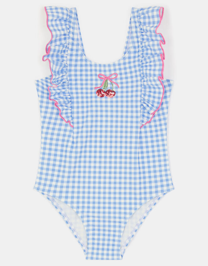Girls Embellished Cherry Gingham Swimsuit, Blue (BLUE), large