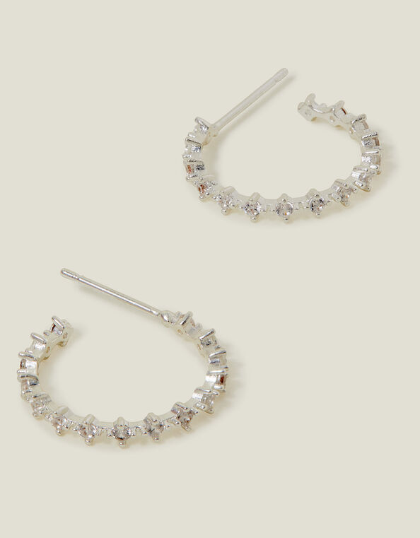 Sterling Silver-Plated Fine Diamanté Hoop Earrings, , large