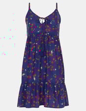 Cherry Print Tassel Tie Mini Dress, Blue (NAVY), large