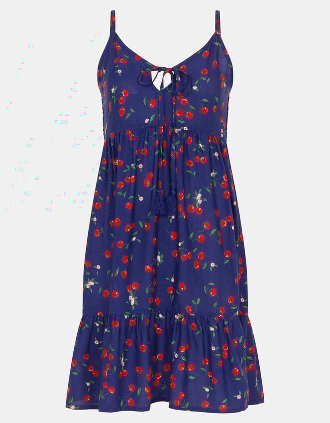 Cherry Print Tassel Tie Mini Dress, Blue (NAVY), large