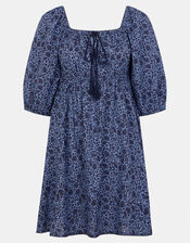 Floral Print Puff Sleeve Mini Dress, Blue (BLUE), large