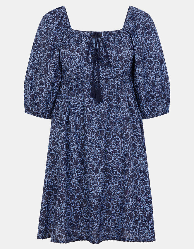 Floral Print Puff Sleeve Mini Dress, Blue (BLUE), large