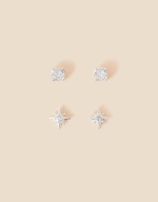 Sterling Silver Star and Diamanté Earrings Set of Two, , large